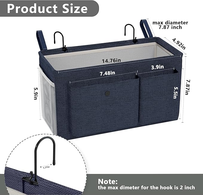 Bedside Caddy Bedside Organizer with Fixed Straps & Water Bottle Holder, Bunk Bed Caddy ideal for Home, Dorm, Hospital, Crib, Versatile Bedside Storage Solution (Navy)