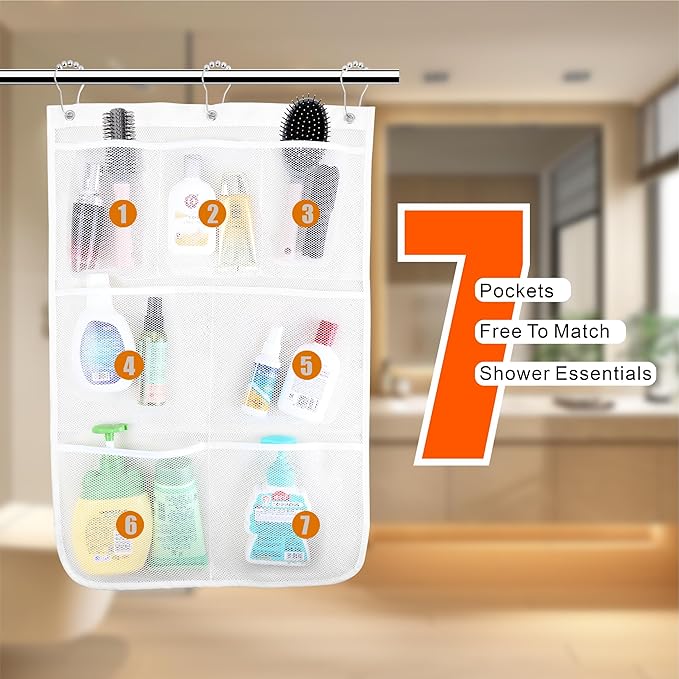 Cruise Essentials Must-Have Shower Caddy, Quick-Dry Mesh Hanging Bathroom Organizer with 7 Pockets, Portable Toiletry Bag for Travel, RVing & Camping, White, 17 Inch by 26 Inch, White, 2 Pack