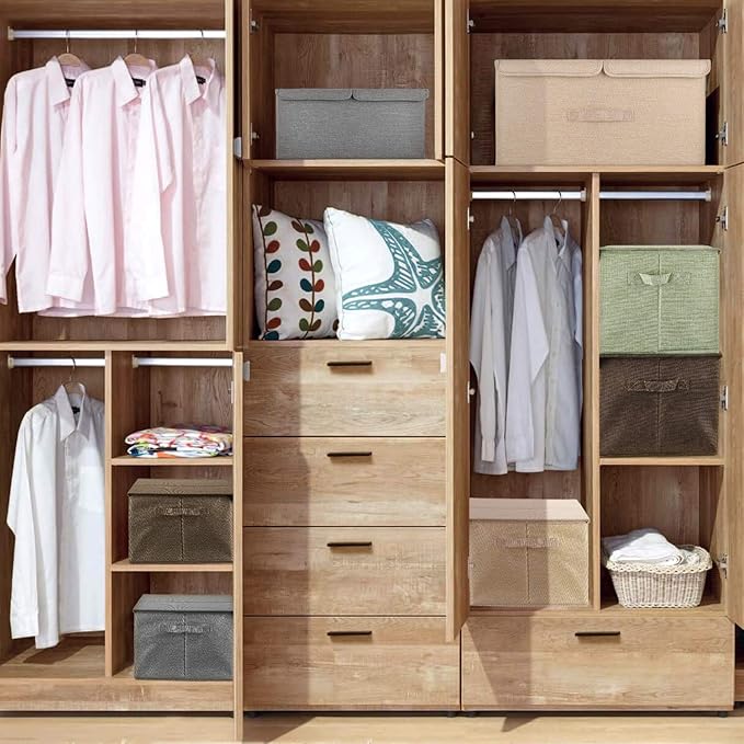 2 Pack Large Storage Boxes with Lids and Handles, Collapsible Linen Storage Bins Organizer Containers Baskets Cube with Removable Divider for Home Bedroom Closet Office (Khaki, Large)