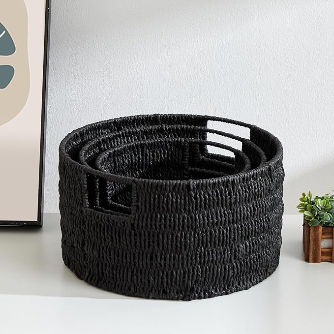 Vagusicc Wicker Storage Basket, Hand-Woven Paper Rope Large Round Woven Basket With Handles, Wicker Baskets for Organizing/Storage, Black, 3-Pack