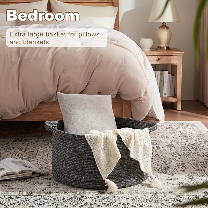 Large Woven Baskets for Storage, 22.8" x 22.8" x 13" Blanket Storage Living Room, Baby Toy Basket for Clothes, Pillows, Towels, Shoe Basket for Entryway (Dark Grey)