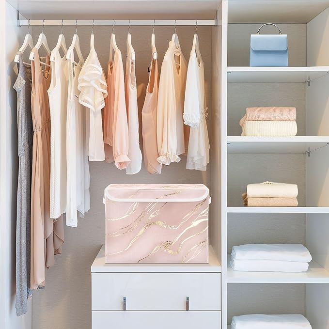 senya Storage Baskets Collapsible Storage Bins with Lids, Rose Gold Pink Marble Boxes Clothes Baskets for Organizing