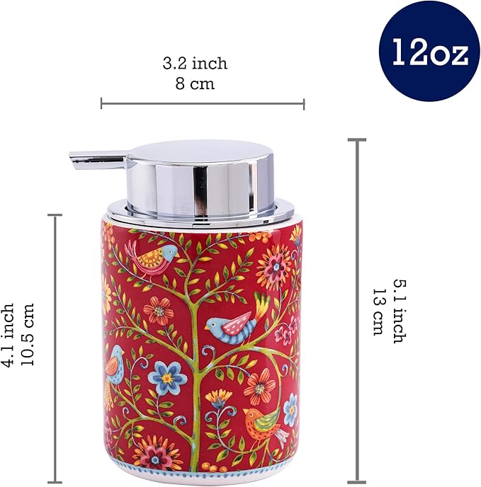 Bico Red Spring Bird Ceramic 12oz Soap Dispenser with Removable Pump, Ideal for Kitchen, Bathroom, Lotion and Essential Oil