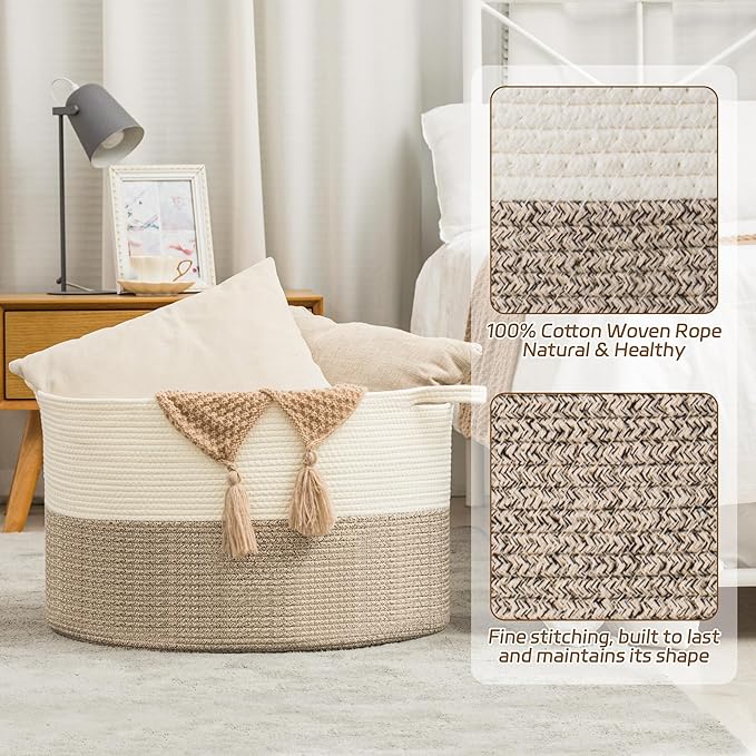 XXXLarge Woven Cotton Rope Basket (21.7" x 13.8") 90L – Blanket Basket for Living Room, Laundry Hamper, Baby Laundry Hamper, Toy Storage, Pillows & Cushions Organizer (Brown)