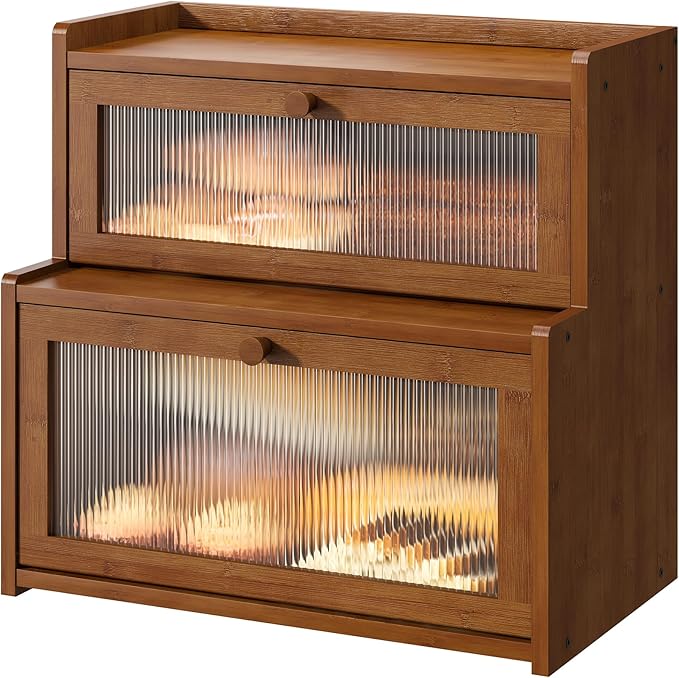 FILWH Bread Box for Kitchen Countertop Double Layer Large Corner Bread Box Capacity Bread Storage Bin Farmhouse Breadbox Container Organizer Cabinet Cupboard (Brown)