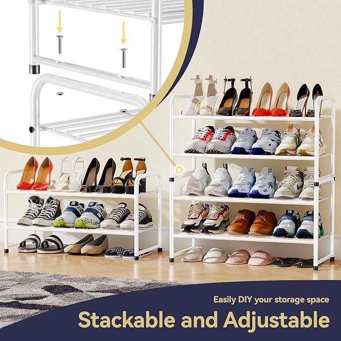 Shoe Rack White for Closet, 2 Tier 27" Shoe Organizer Shelf Stackble Metal
