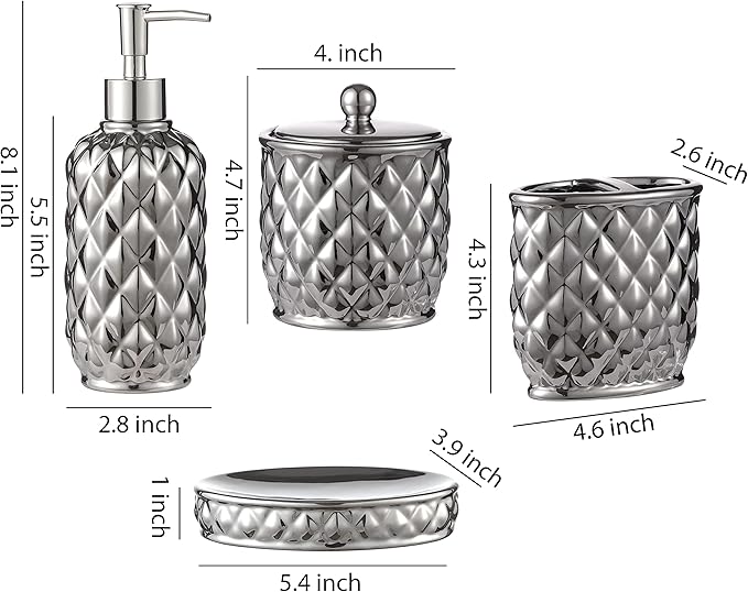Bathroom Accessories Set, 4-Piece Ceramic Bath Accessory Complete Set with Lotion Dispenser/Soap Pump, Cotton Jar, Soap Dish and Toothbrush Holder (Pineapple Pattern, Silver Grey)