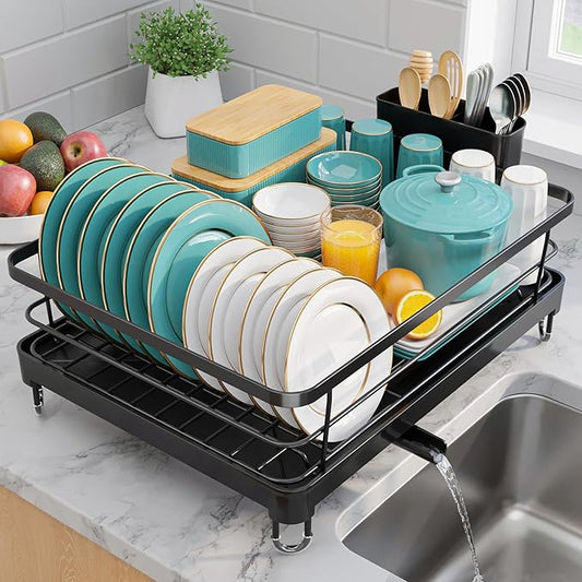 Stainless Steel Dish Drying Rack for Kitchen Counter, Sink Organization and Storage Essentials with Silverware & Utensil Holder, Home and Apartment Decor, 12.5''W x 16.5'L, Black