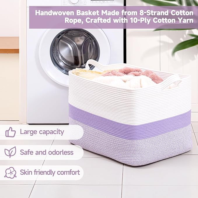 CLHMILY&Z Stylish Square Cotton Rope Storage Basket (Purple & White, 110L)
