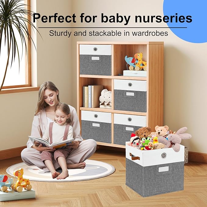 11x11 Cube Storage Organizer Bins Set of 4,foldable Storage Bins with Label,Cubby Storage Organizer with Metal pull ring and Leather Handles(Grey/White)