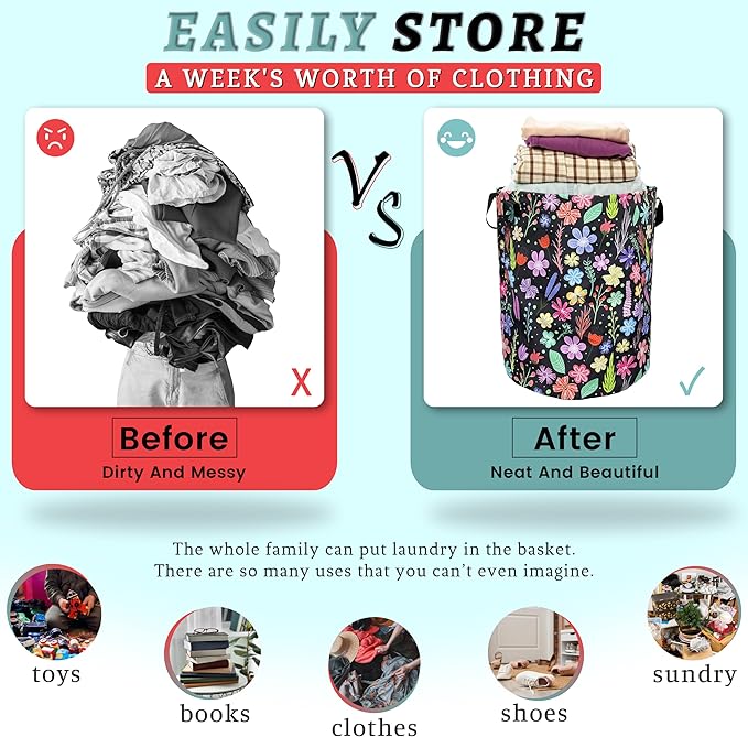 Colorful Flowers Laundry Basket Foldable With Handles Floral Tote Bag Oxford Cloth Universal Laundry Hamper Clothes Storage Bucket Toy Organizer 18.9" x 16.5" For Bathroom/Laundry/Bedroom