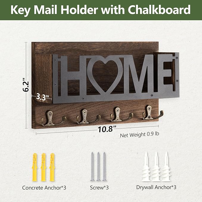 Wall Mount Mail and Key Holder, Wooden Mail Organizer with 4 Double Hooks, Black Metal Letters, Farmhouse Home Decor, Entryway Storage, 10.8 x 3.3 x 6.2 Inches