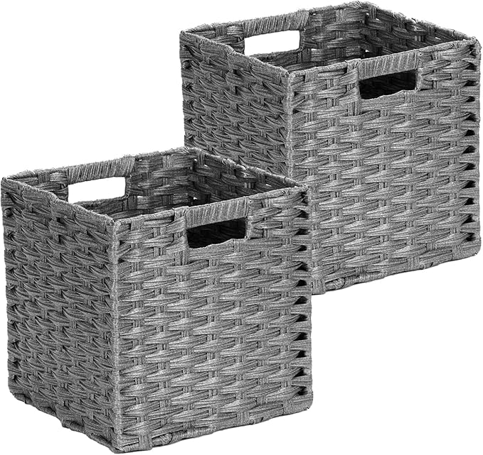DULLEMELO 11x11 Wicker Baskets for Storage, Plastic Woven Cube Storage Bins for Shelves, Waterproof Foldable Wicker Baskets for Organizing Shelves,Closet, Clothes, Toys-Grey