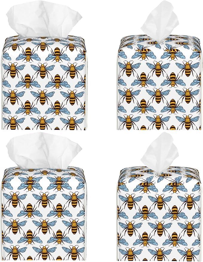 Honey Bee Tissue Box Cover Leather Tissue Box Holder Square Facial Paper Organizer Dispenser for Bathroom Kitchen Bedroom Vanity Countertop Night Stands