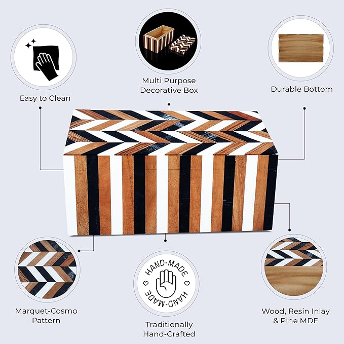 Handicrafts Home Large Decorative Storage Box with Lid Wooden Memory Box Keepsake Storage Box Photo Storage Box – Natural Wood Resin Inlay Marquet Cosmo Collection- 10x5x5
