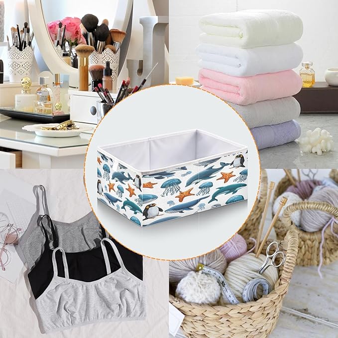 Blueangle Sea Animals Cube Storage Bin, 11 x 11 x 11 in, Large Collapsible Organizer Storage Basket for Home Décor