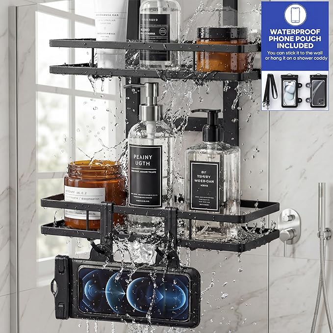 Over the Door Shower Caddy Hanging, Rustproof Shower Shelves with Waterproof Phone Pouch, 2-Tier Adjustable Bathroom Organizers and Storage, No Drilling Shower Shelf, Black Shampoo Soap Holder