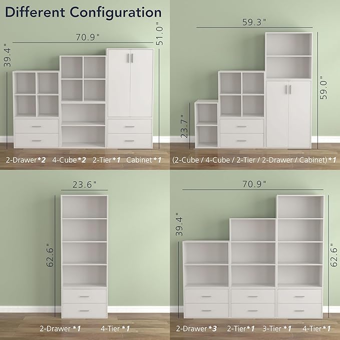 Homes: Inside + Out Apexa 3-Cube Storage Organizer Shelves, Stackable Wood Bookcase Fits Cubby Bins for Organization, Dorm Teen Room Decor & Home Office, White