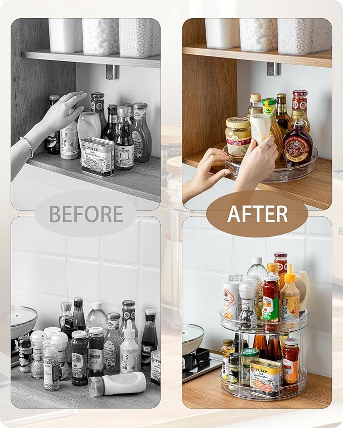 Roninkier 2-Tier Clear Lazy-Susan Turntable – 11-Inch Pantry Spice-Rack Cabinet-Organizer – Plastic Lazy Susan Makeup Organizer for Bathroom Countertop