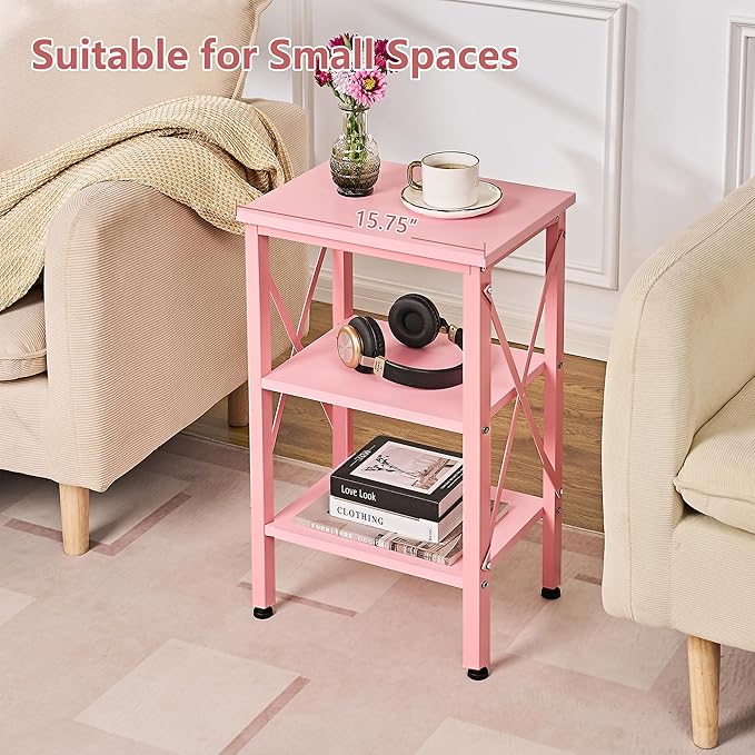 VECELO End Table, 24" Tall Living Room Side Tables, X-Design Reinforced Bedside Table, Nightstands with 3-Tier Storage Shelves for Small Spaces, Office, Bathroom, Bedroom, Pink, 1 Pack