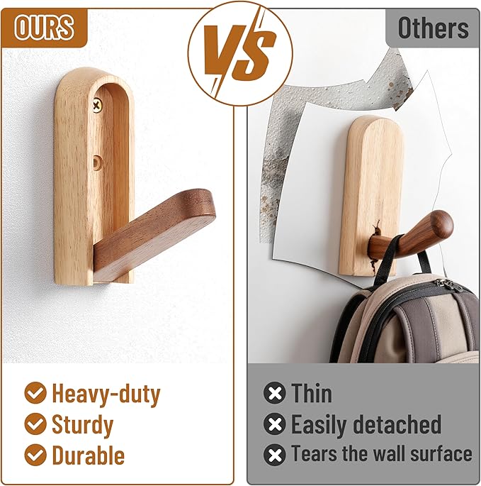 Modern Folding Wall Hooks: Wooden Coat Hooks 3 Pack for Small Space Entryway Behind Doors - Mid Century Decorative Hanger for Hanging Towels Backpacks Bag Hats (Walnut Wood & Rubberwood)