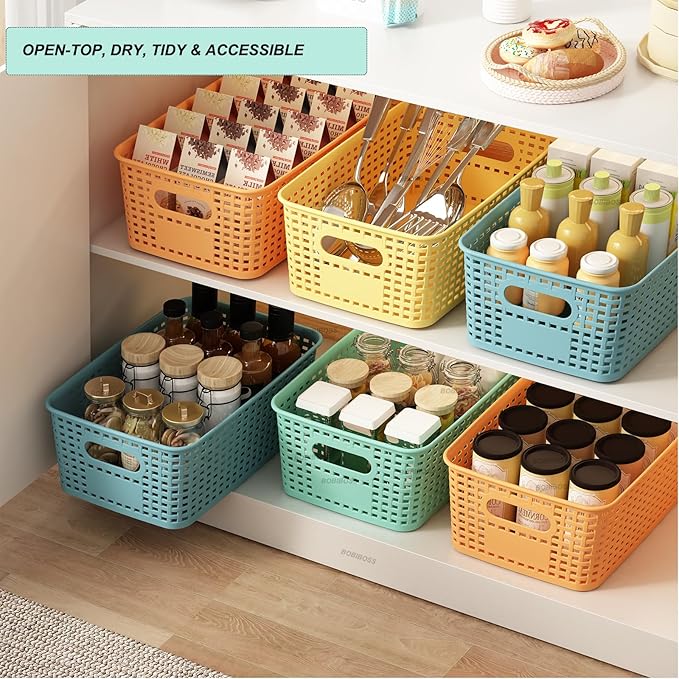 Plastic Storage Basket for Organizing 12 Pack Small Colored Storage Bins Container for Shelves, Colorful Shelf Baskets with Handles for Organization