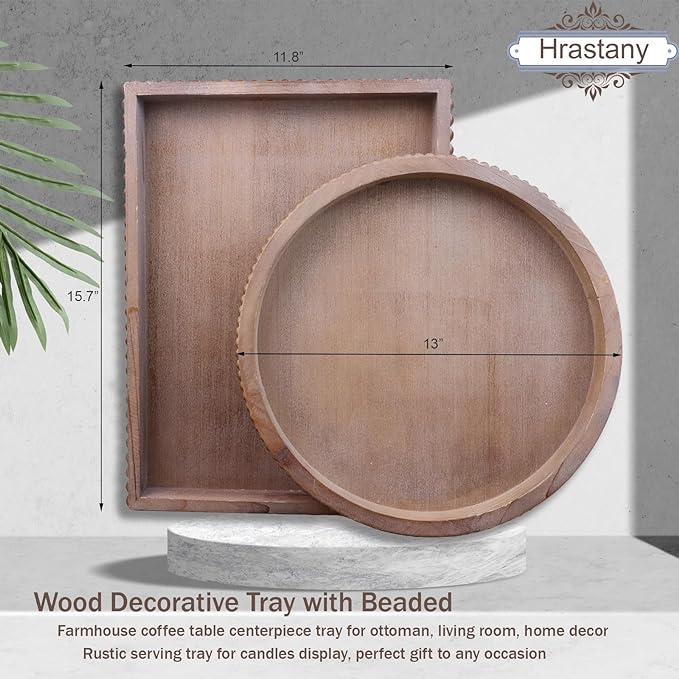 Wood Decorative Tray, Distressed Outdoor Serving Tray with Wooden Bead for Ottoman, Coffee Table, Entertaining, Home Decor, Rectangular 15.7â*11.8â*1.57â (Retro Brown)
