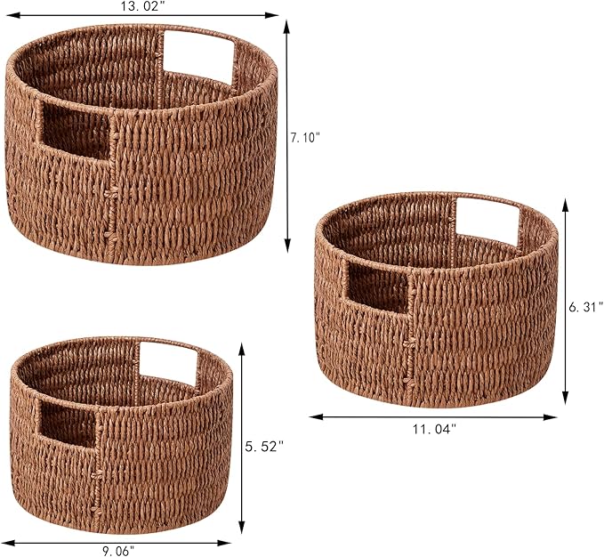 Vagusicc Wicker Storage Basket, Hand-Woven Paper Rope Large Round Woven Basket With Handles, Wicker Baskets for Organizing/Storage, Brown, 3-Pack