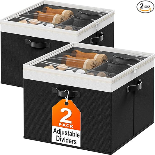 Shoe Organizer for Closet - 2 Packs Hold up to 32 Pairs, Large Shoe Storage Organizer Containers with Adjustable Dividers, Clear Cover, Leather Handles for Heels, Boots, Sneakers (Black)