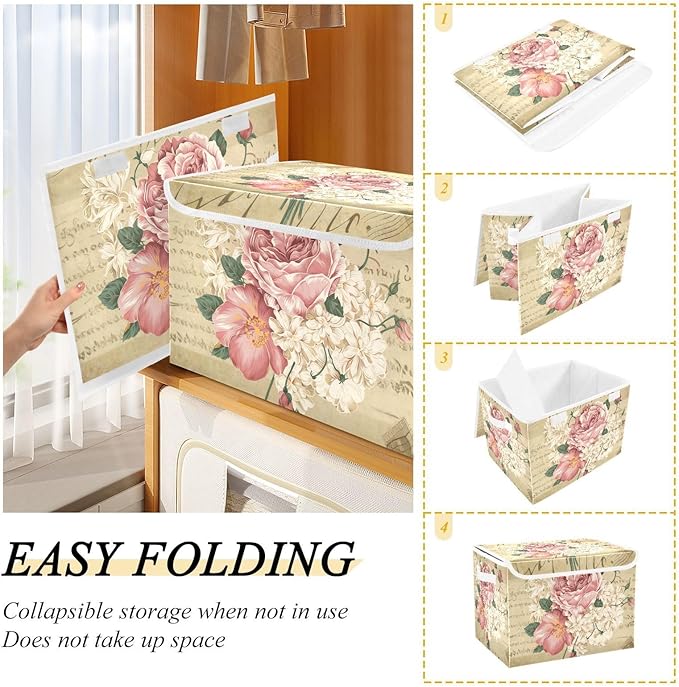 senya Flower Baskets Collapsible Storage Bins with Lids, Vintage Rose Floral Storage Boxes Clothes Baskets for Organizing
