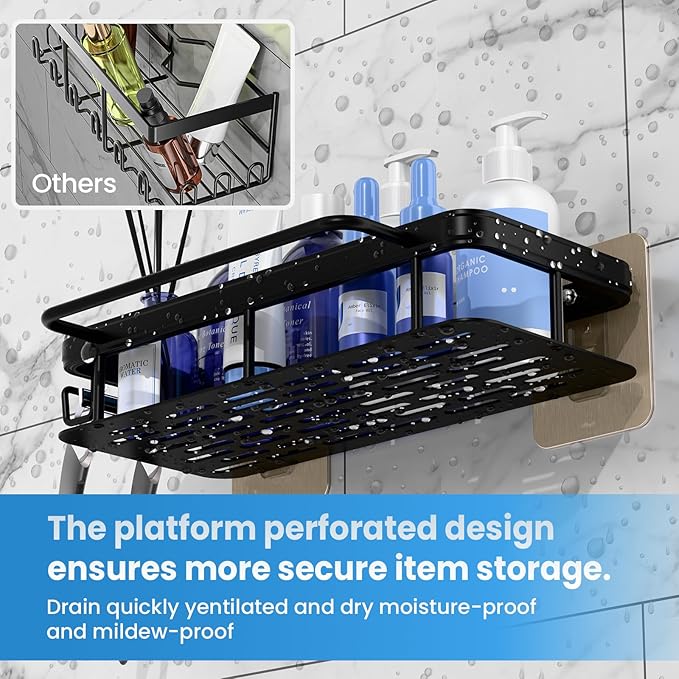 2-Pack Adhesive Shower Caddy – Rustproof Aluminum Black Shower Shelves with Towel Bars & Hooks, No Drill Bathroom Organizers and Storage, Anti-Tip Shower Organizer for Inside Shower