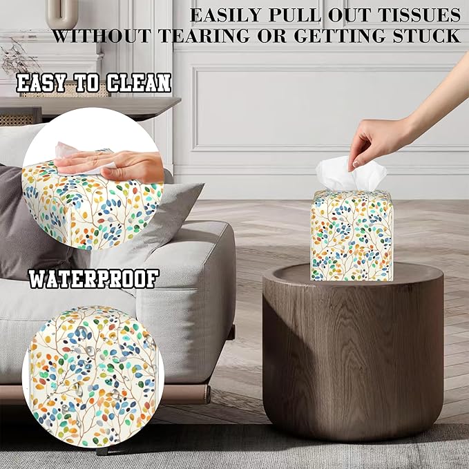 Tissue Box Holder Colorful Leaves Spots on Branches Square Leather Tissue Box Cover Modern Cube Facial Paper Cover Case for Bathroom Vanity Countertop Night Stands Tabletop