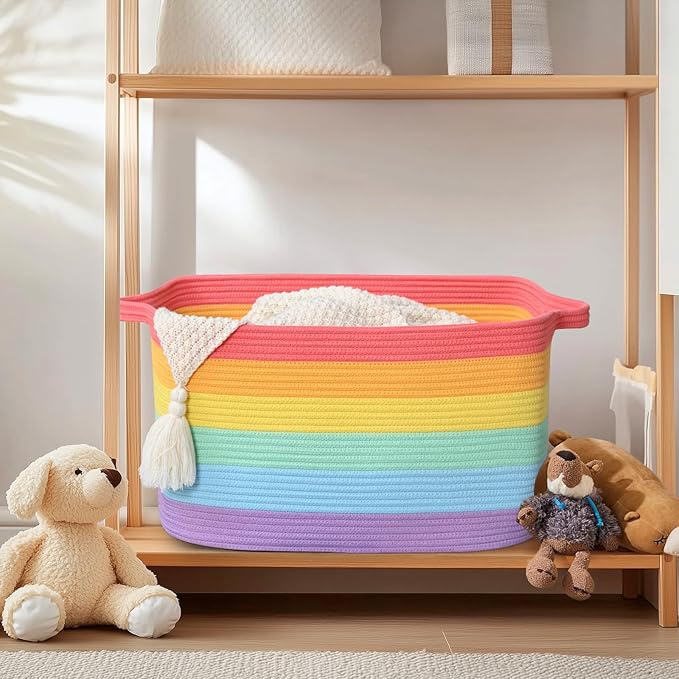 Large Blanket Basket, 60L Storage Baskets for Organizing, Woven Laundry Basket for Blankets, Cotton rope Blanket Storage for Living Room, Nursery Room, 19.7" L x 15.74" W x 11.8" H, Rainbow