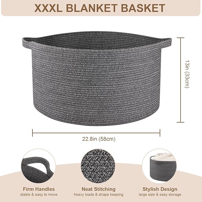 Large Woven Baskets for Storage, 22.8" x 22.8" x 13" Blanket Storage Living Room, Baby Toy Basket for Clothes, Pillows, Towels, Shoe Basket for Entryway (Dark Grey)