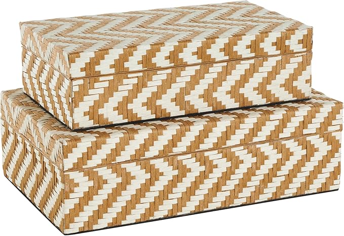 Deco 79 Paper Geometric Handmade Decorative Box Woven Zig Zag Storage Decorative Keepsake Box with Cream Accents, Set of 2 Storage Box 12", 8"W, Brown