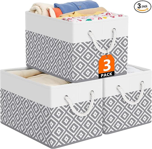 Storage Bins, 3-Pack Large Storage Box with Rope Handles, Collapsible Storage Basket for Organizing Books, Clothes, Rhombic Grey