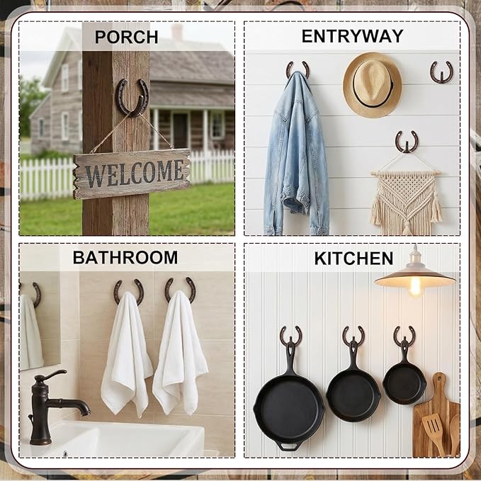 6 Pack Cast Iron Wall Hooks, Vintage Heavy Duty Wall Mounted Horseshoe Hanger, Multiuse Coat Hook Farmhouse Decor for Hanging Hat Key Towel Bag