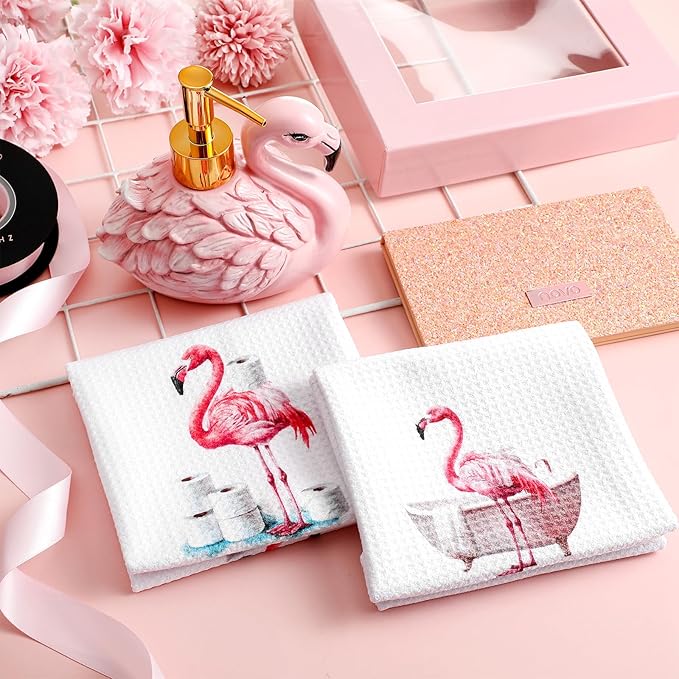 4 Pcs Flamingo Soap Dispenser Bathroom Accessories Soap Dispenser Lotion Pump and Flamingo Hand Towels with Gift Box Set for Home Bath Kitchen Decoration