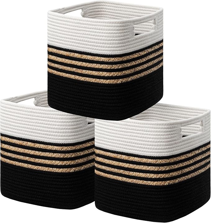 UBBCARE Set of 3 Storage Cubes 11 X 10.5 X 10.5 in, Water Hyacinth Storage Bins for Shelves, Toys, Book, Storage Baskets with Handles, Cotton Rope Woven Baskets for Organizing, Black