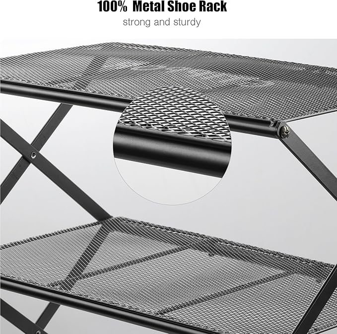 Shoe Rack for Entryway 4 Tier Foldable Shoe Rack Without Assembly Collapsible Metal Shoe Organizer Folding Shoe Storage Rack for Door, Living Room, Black