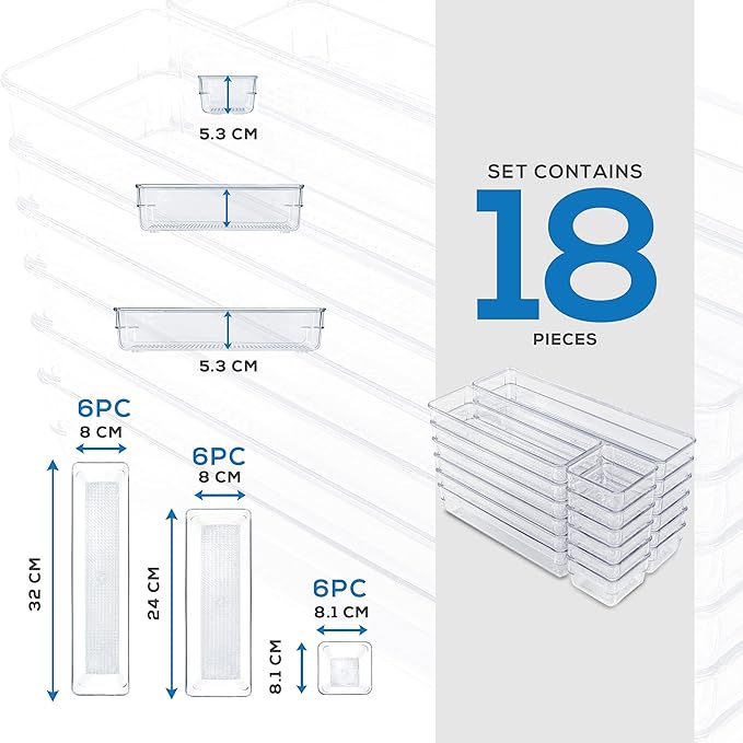 Utopia Home 18-Piece Drawer Organizer Tray - 3-Size Bathroom Vanity Cosmetic Makeup Tray - Multipurpose Clear Acrylic Storage Bins for Jewelries, Office Accessories, Bedroom & Bathroom Vanity