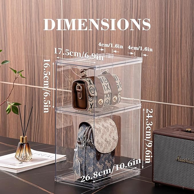 FOCHIER F Bag & Purse Organizer for Closet,3 Pack Stackable Plastic Handbags Storgae Shelf Dividers,Clear Clutch Bag Organizers and Storage for Wardrobe Bathroom Study and Office(1 Large+2 Small)