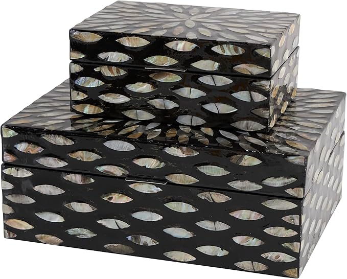 Deco 79 Mother of Pearl Shell Decorative Box Geometric Floral Decorative Keepsake Boxes with Beige Accents, Set of 2 Storage Boxes 12", 8"W, Black