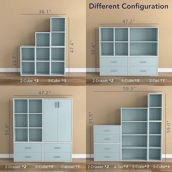 Homes: Inside + Out Apexa 3-Cube Storage Organizer Shelves, Stackable Wood Bookcase Fits Cubby Bins for Organization, Dorm Teen Room Decor & Home Office, Light Blue