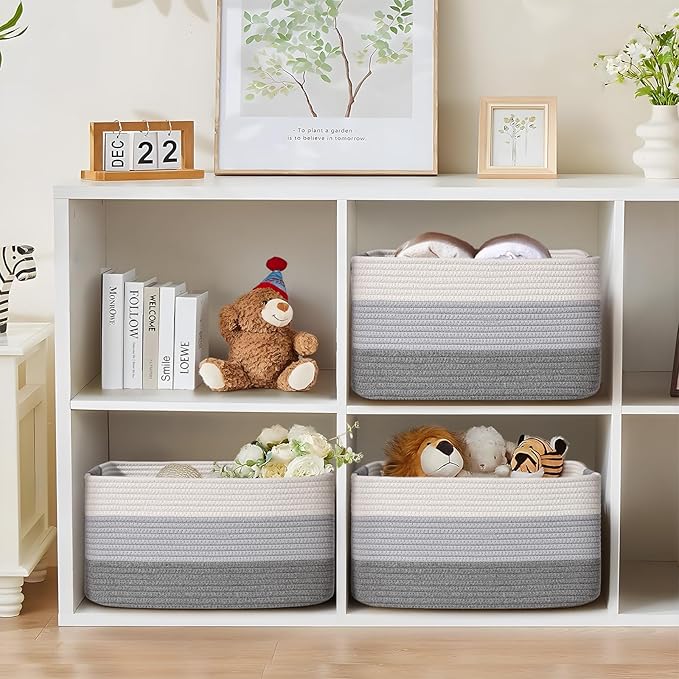 2 Pack Large Storage Basket for Organizing, 17.5"x13.5"x7.5" Woven Basket for Shelves, Closet Cube Storage Bins with Wrapped Handle, Cotton Rope Baskets for Kitchen, Clothes, Toys(Gradient Grey)
