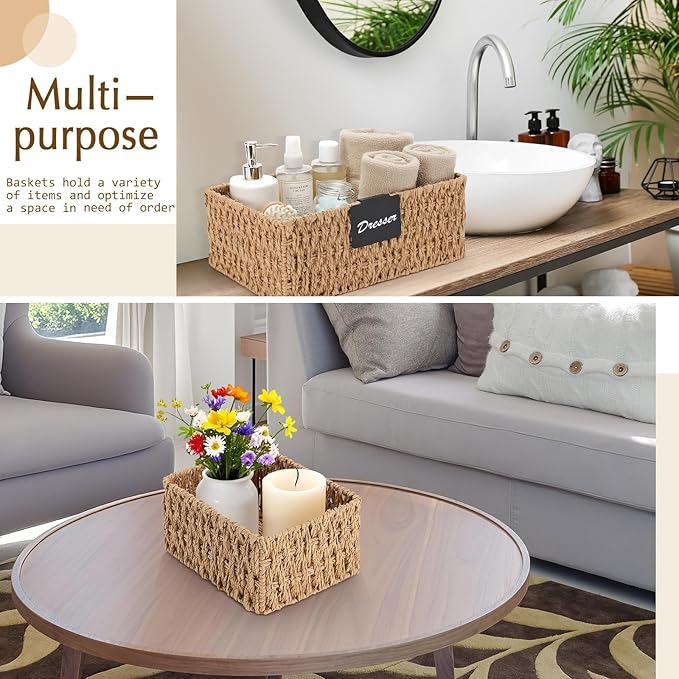 Marsui 6 Pcs Wicker Storage Baskets with Labels Handwoven Paper Rope Multi-size Natural Wicker Storage Bins for Organizing Small Baskets Container for Shelves Closet Pantry Toilet(Natural)