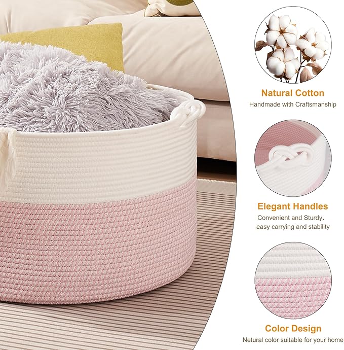 Large Blanket Storage Basket for Living Room, 22.8" x 22.8" x 13" Woven Cotton Rope Basket with Handles, Baby Toy Storage, Laundry Hamper for Clothes, Pillows, Towels-Pink and White