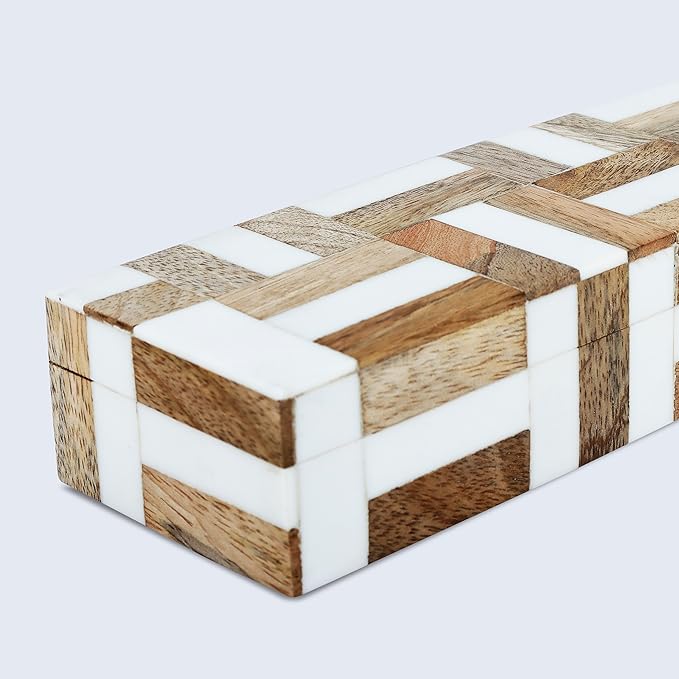 Handicrafts Home White Decorative Box with Lid–Marquet Resin Inlay & Wood Decorative Boxes for Home Decor, Decor, Storage Box for Jewellery & Keys White Brown Neutral Decorative Storage Box-10x2.5x1.5