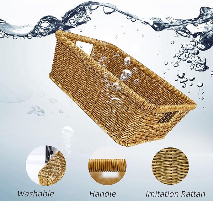 Wicker Storage Basket Water-resistant: Easy-Clean Stackable Baskets for Pantry, Kitchen,Rectangle Basket for Shelf,Tan,2-pack