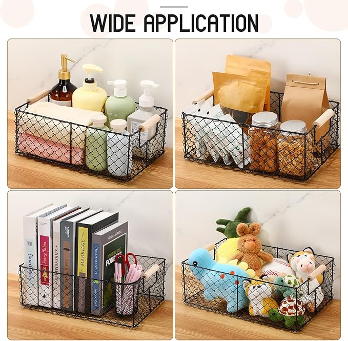 Honeydak 3 Set Wire Basket for Organizing with Wooden Handle Vintage Style Rectangle Mesh Metal Basket Food Storage Organizer for Home Kitchen Pantry Bathroom Picnic Cabinets(Black)